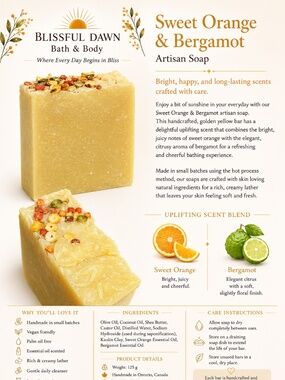 SWEET ORANGE & BERGAMOT Handmade Soap 140g, Free Soap Dish w/ purchase of 3 bars